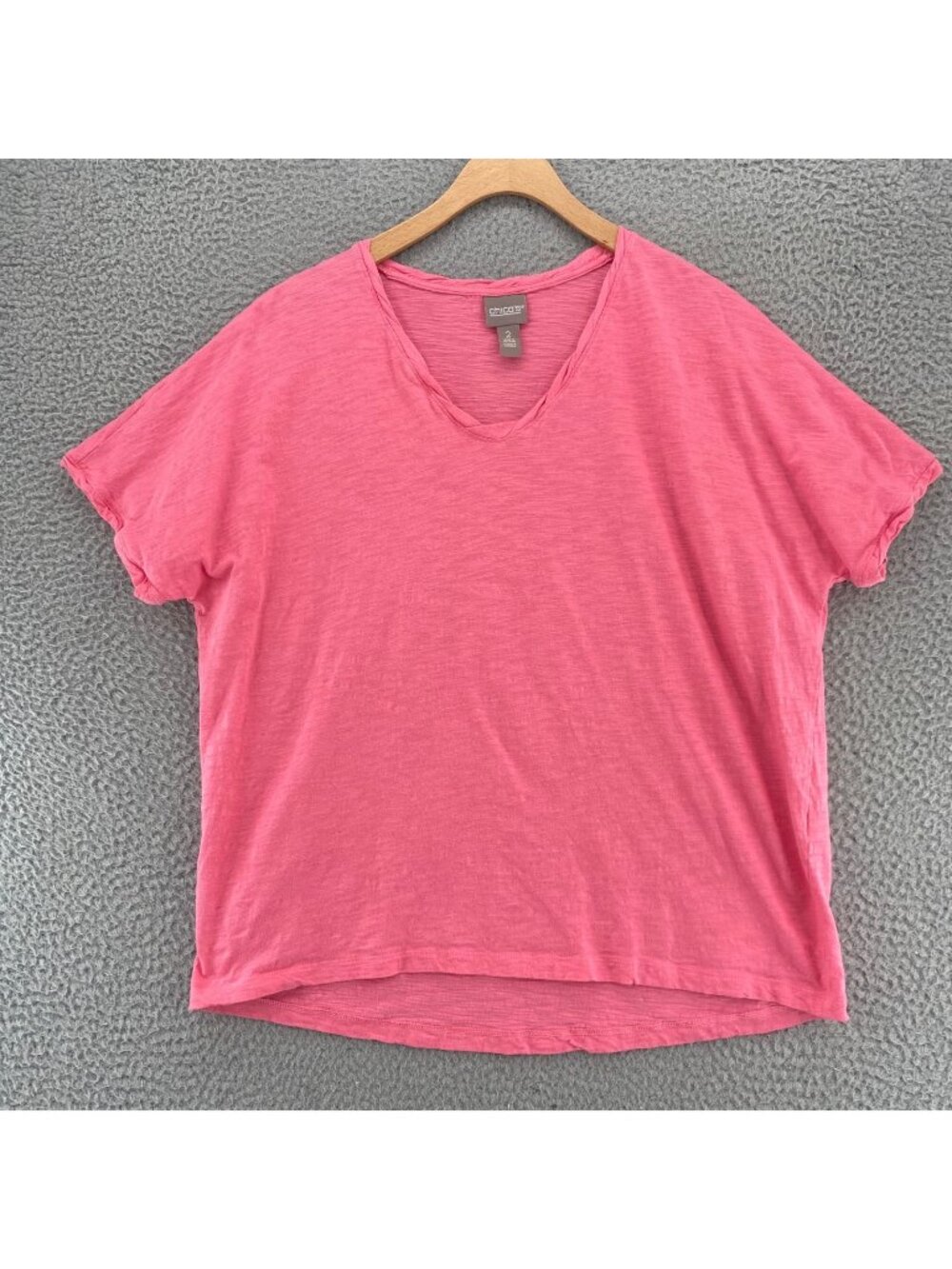 Chicos Top Womens 2 US Large Pink Slub Knit V Neck Cotton Short Dolman Sleeves